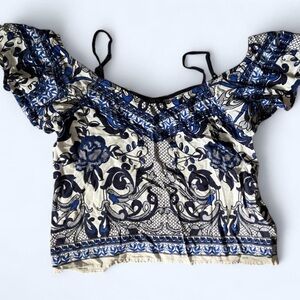 Floral Off-Shoulder Top - Blue and Black